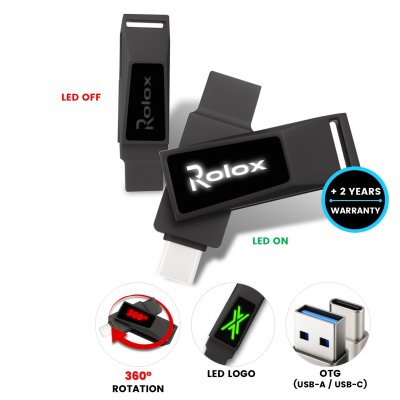 Kovový otočný USB 2.0/3.0 flash disk s USB-C a USB-A a LED logem