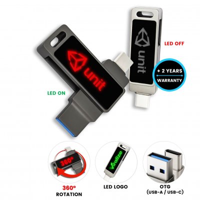 Kovový otočný USB 2.0/3.0 flash disk s USB-C a USB-A a LED logem