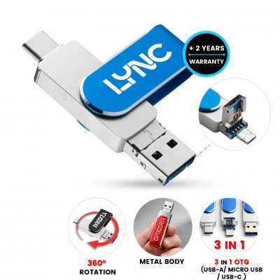 Otočný USB flash disk FLIPSTER, s USB-C, USB-A
a micro USB
